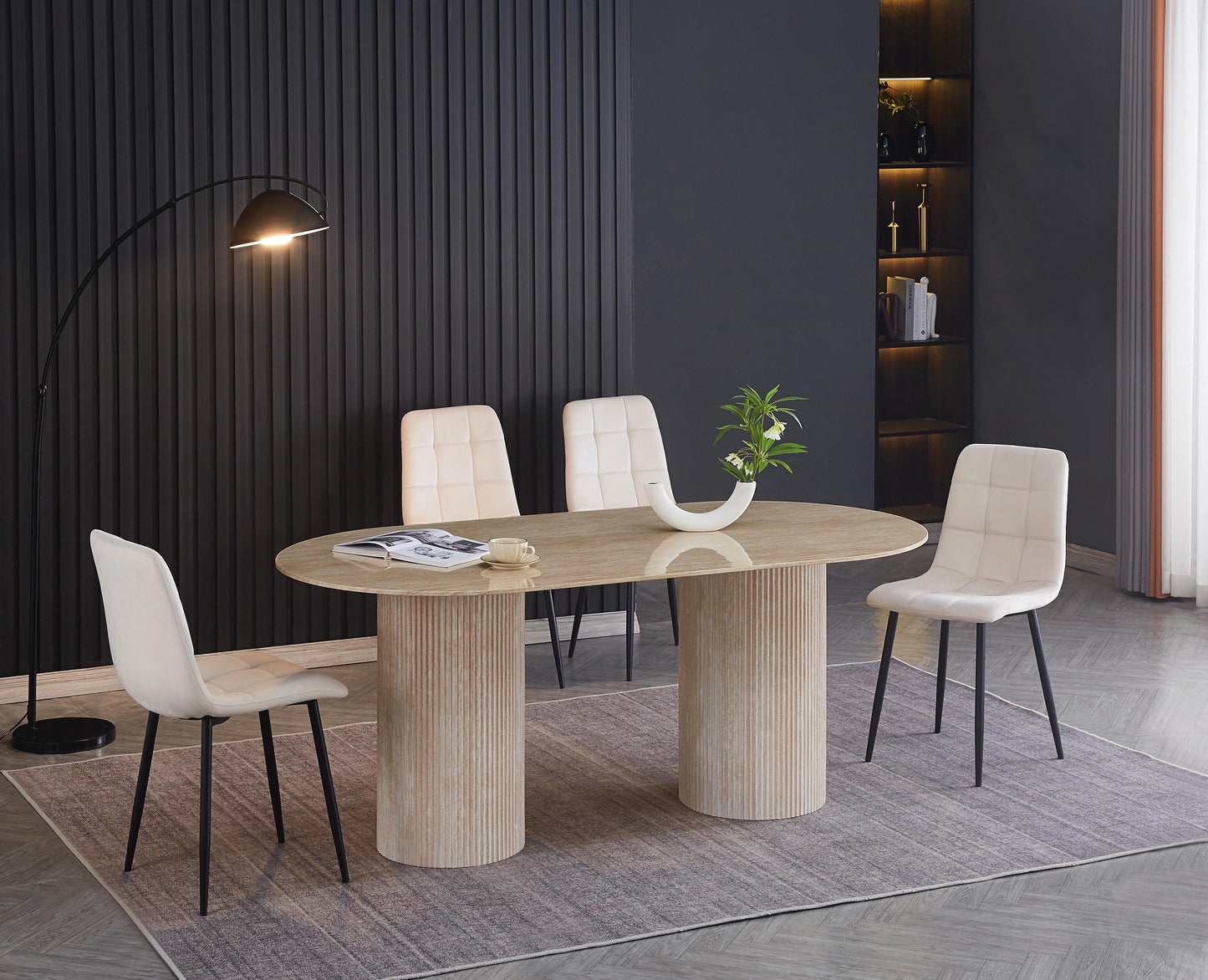 Table à manger « Coco » pieds colonnes effet travertin plateau céramique travertin 180x90x75 cm