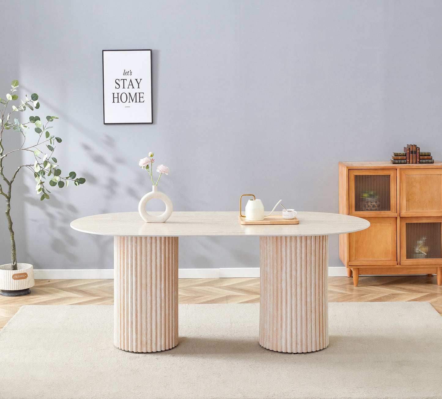 Table à manger « Keysha » pieds colonnes effet travertin 180x90 cm