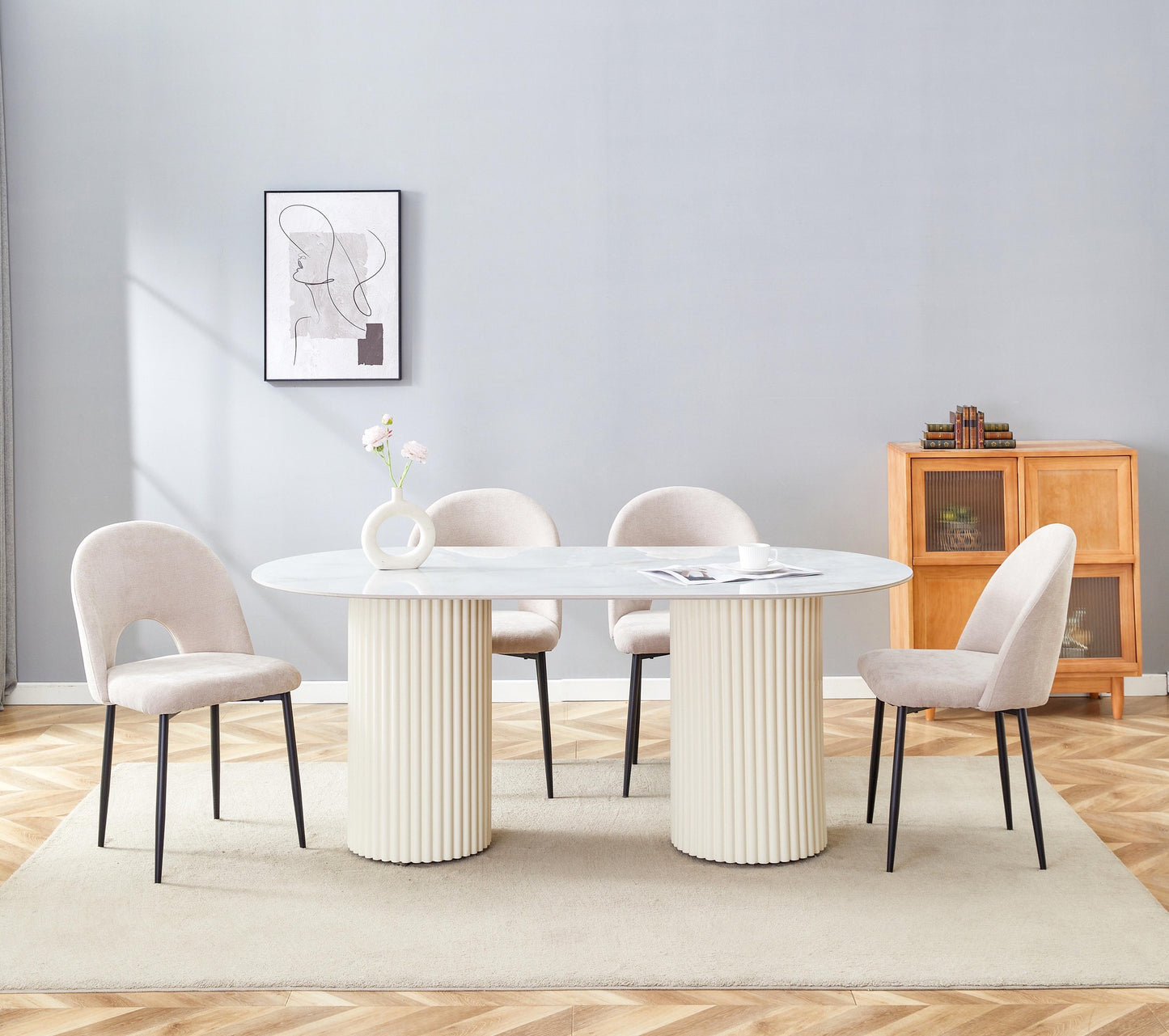 Table à manger « Keysha » beige pieds colonnes effet travertin plateau céramique marbre moka 180x90 cm