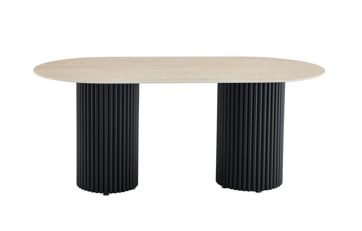 Table à manger « Keysha » pieds colonnes noir effet travertin plateau céramique mat 180x90 cm