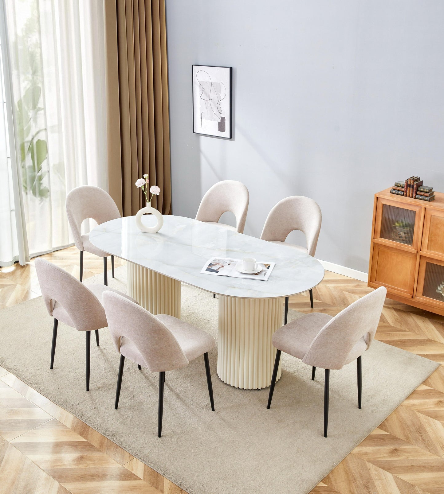 Table à manger « Keysha » beige pieds colonnes effet travertin plateau céramique marbre moka 180x90 cm