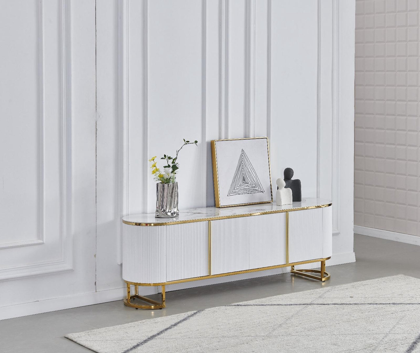 Meuble TV « Esmée» Blanc Doré Céramique Marbre Beige 180x40x60 cm