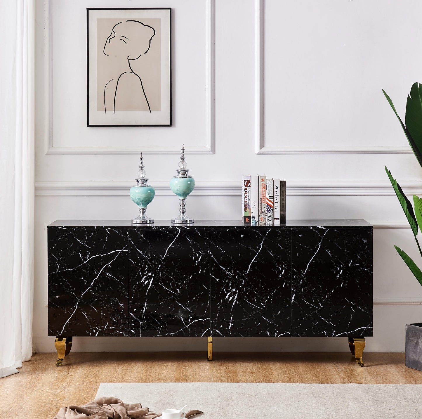 Buffet Baroque Laque Marbre Noir 4 Portes Pied Gold 180x40x80 cm