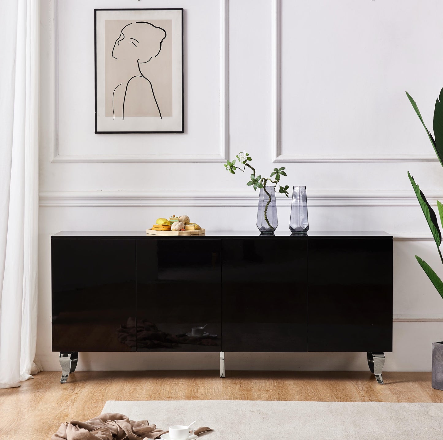 Buffet Baroque Laque Noir 4 Portes Pieds Chrome 180x40x80 cm