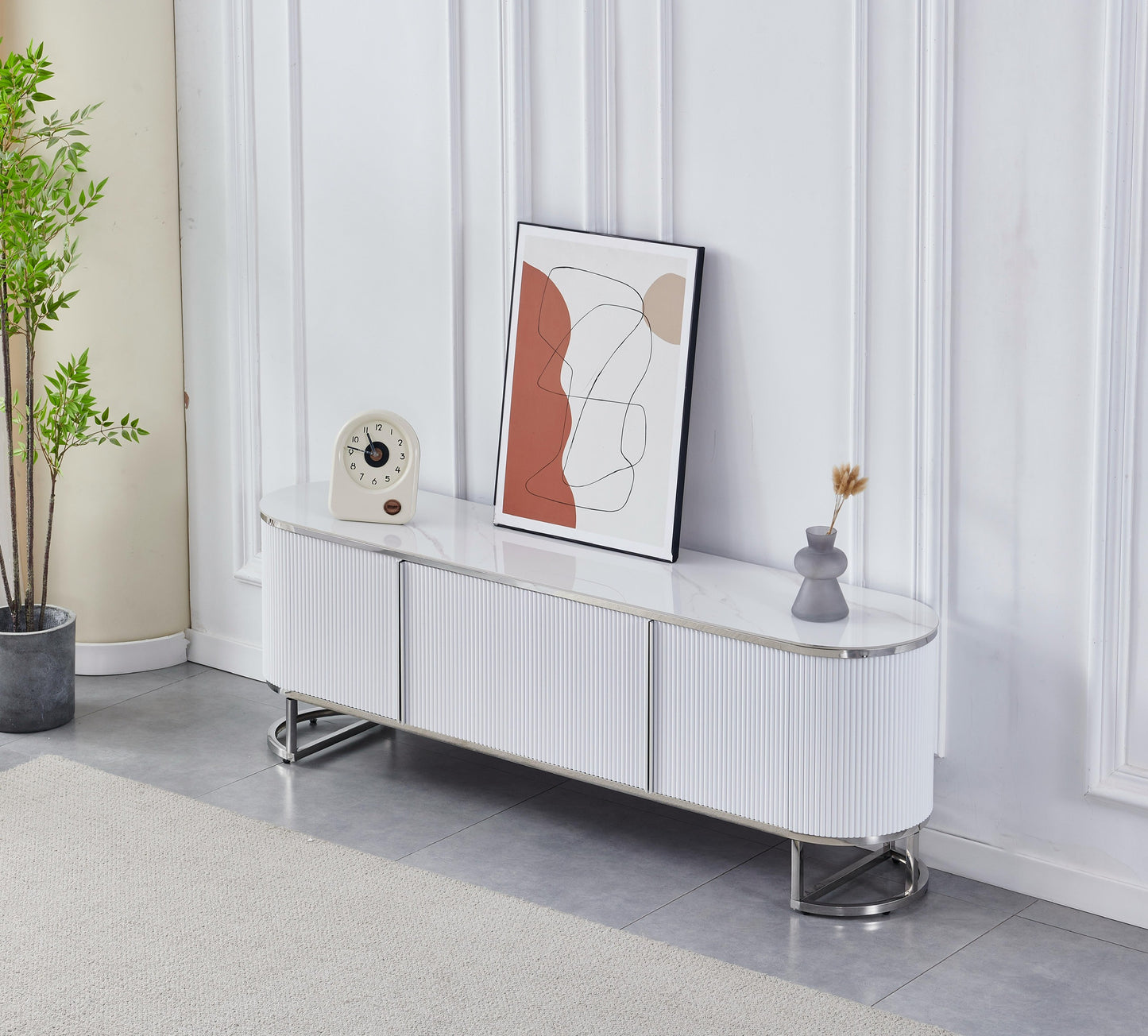 Meuble TV « Esmée» Blanc Argent Céramique 180x40x60 cm
