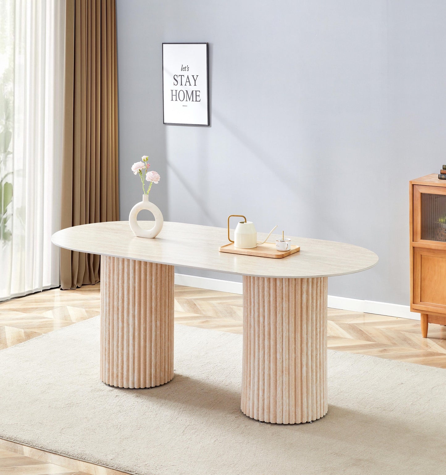 Table à manger « Keysha » pieds colonnes effet travertin 180x90 cm