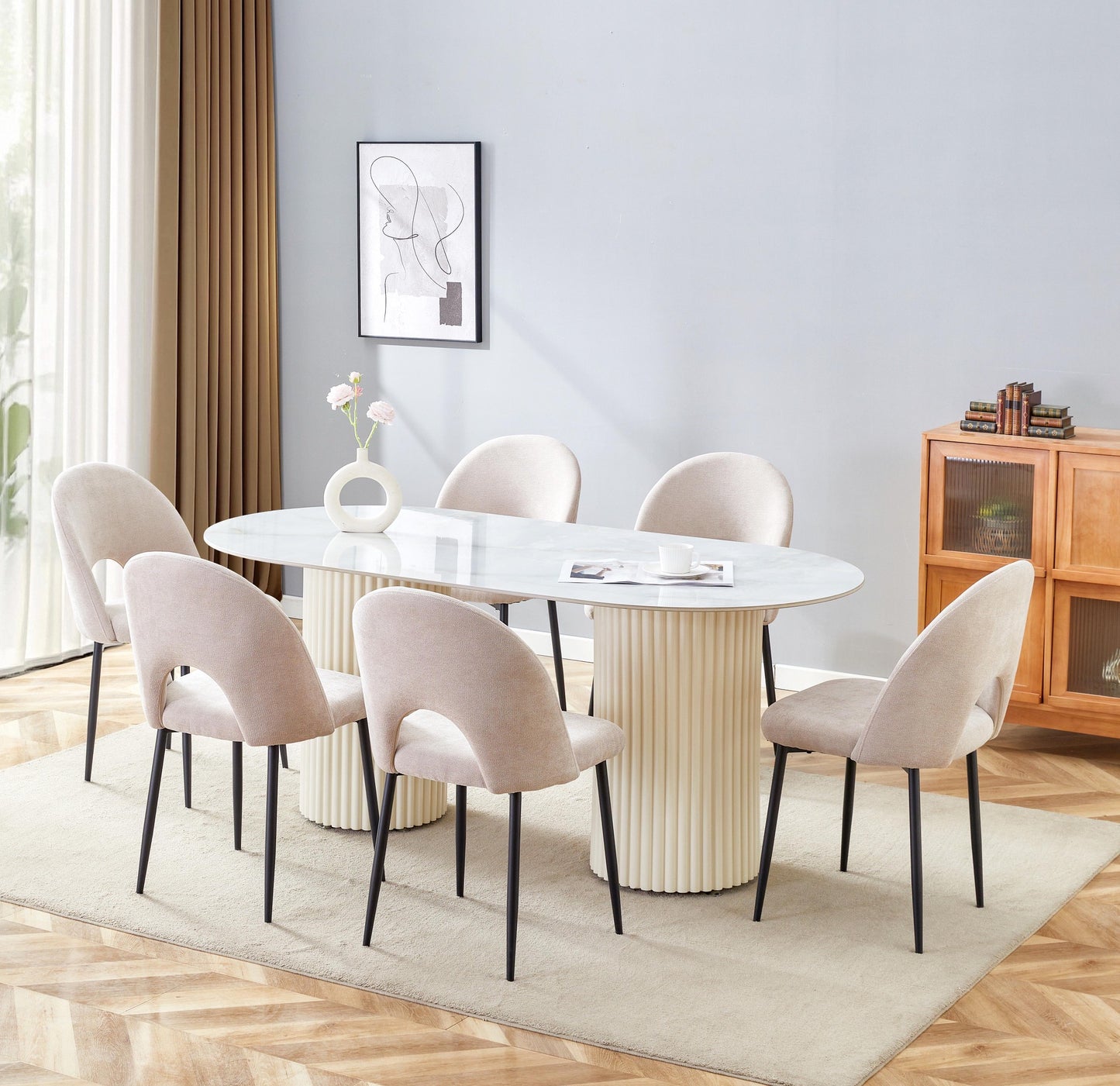 Table à manger « Keysha » beige pieds colonnes effet travertin plateau céramique marbre moka 180x90 cm
