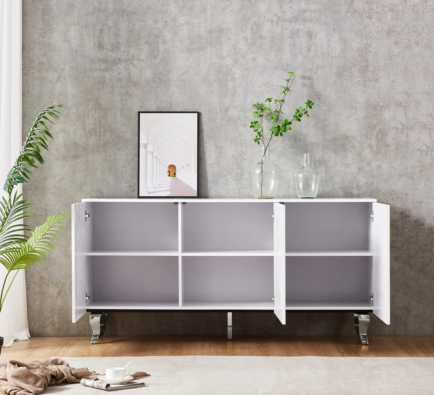 Buffet Baroque Laque Blanc 3 Portes Pied Chrome 160x40x80 cm