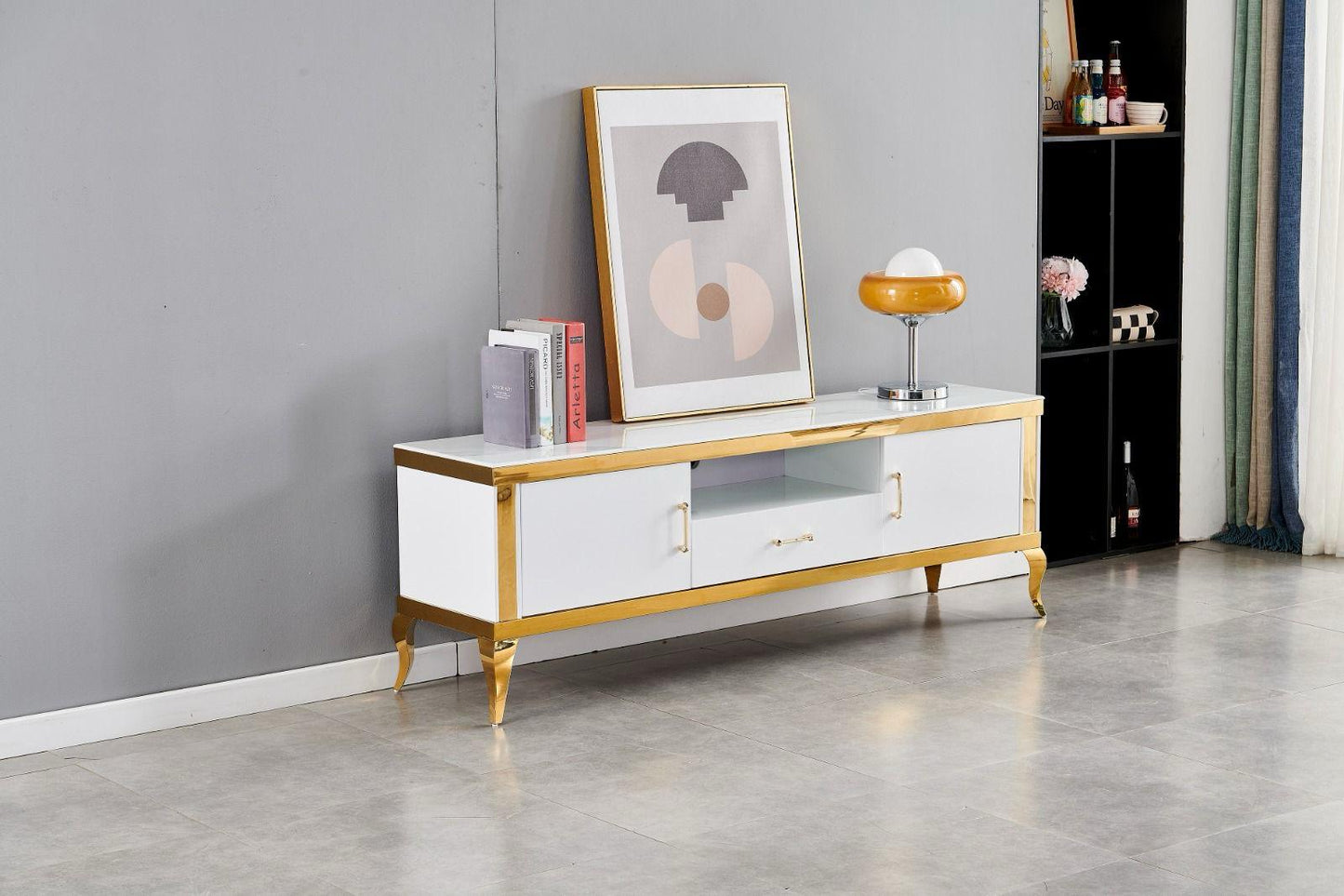 Meuble TV « Baroque» Blanc/Doré Marbre Blanc Gris