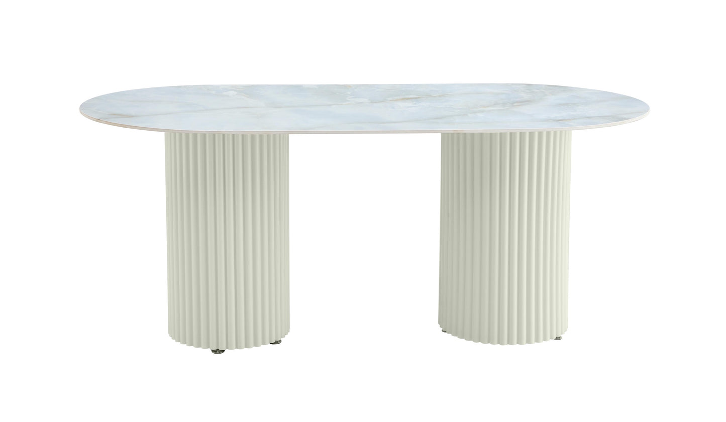 Table à manger « Keysha » beige pieds colonnes effet travertin plateau céramique marbre moka 180x90 cm
