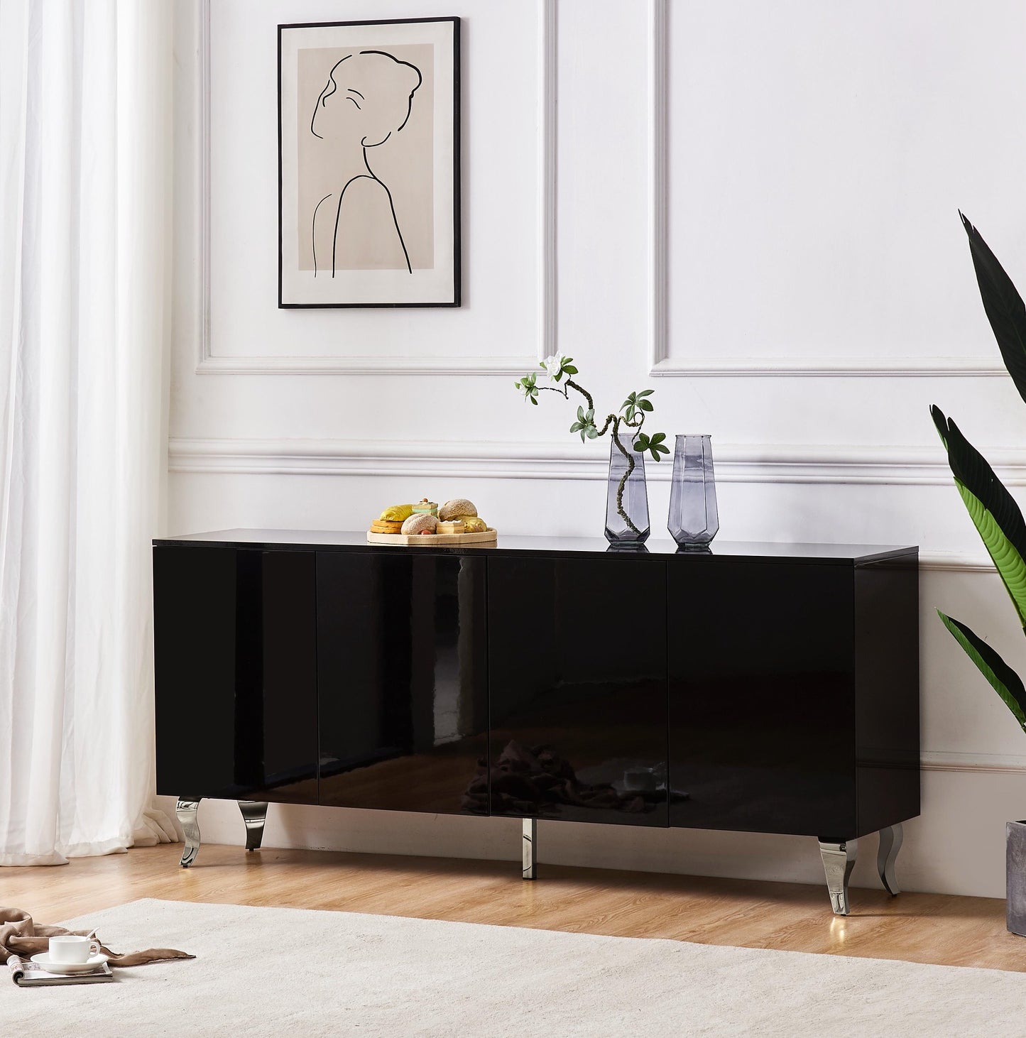 Buffet Baroque Laque Noir 4 Portes Pieds Chrome 180x40x80 cm