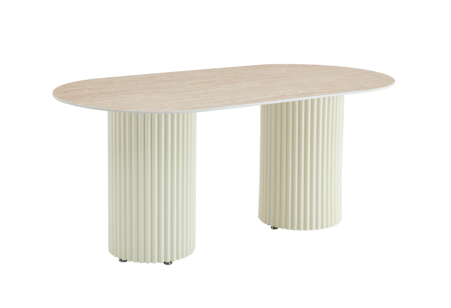 Table à manger « Keysha » beige pieds colonnes effet travertin plateau céramique mat 180x90 cm