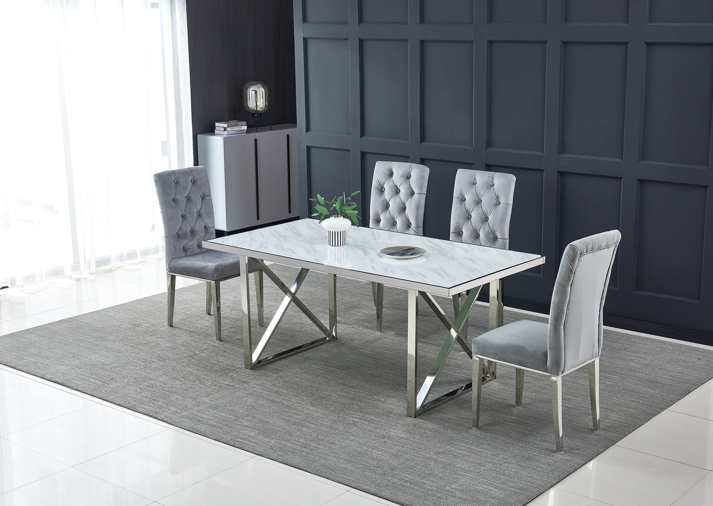 Table repas LEVANTO chrome plateau en verre trempé