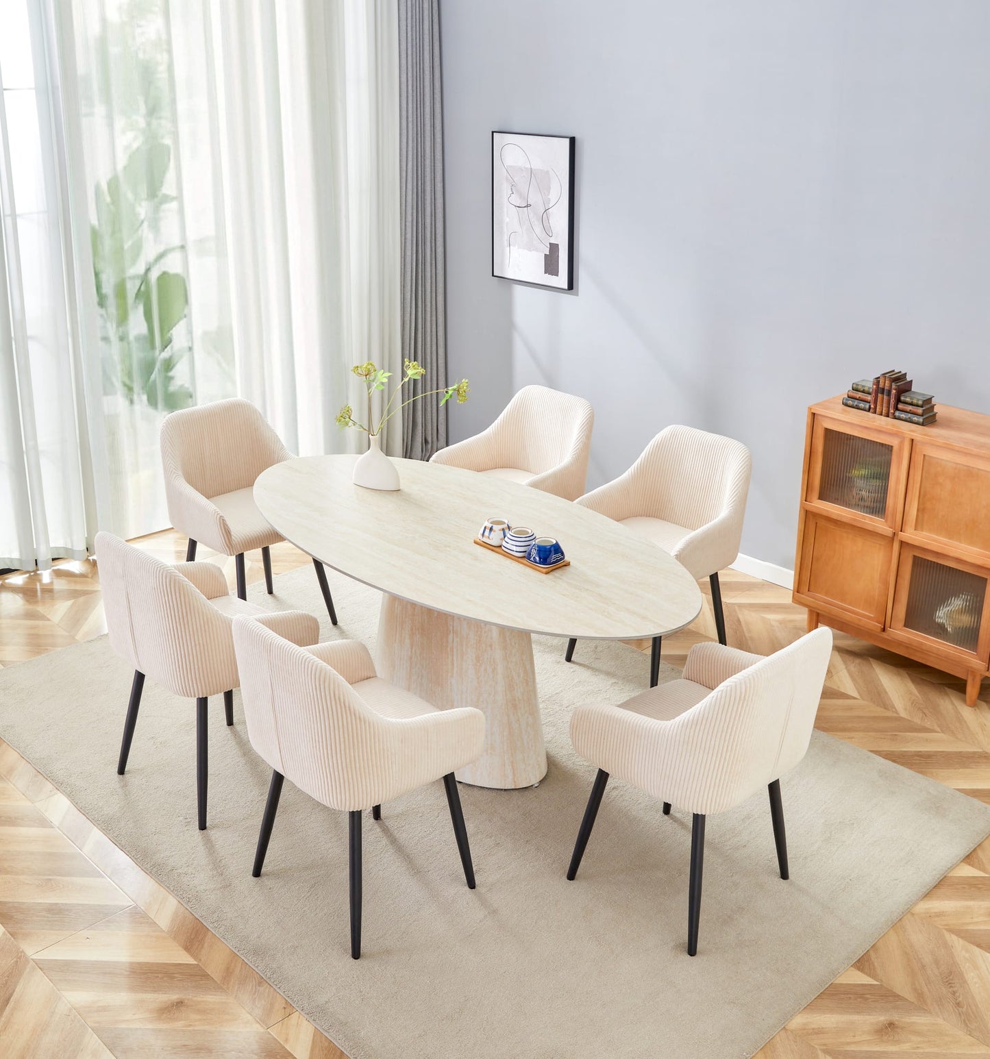 TABLE REPAS OVO PIED METAL EFFET TRAVERTIN PLATEAU CERAMIQUE TRAVERTIN 180CM