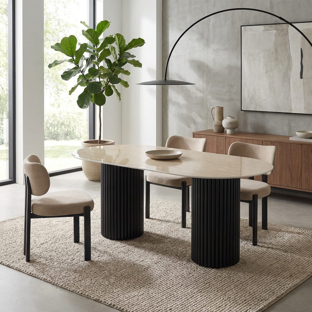 TABLE A MANGER KEYSHA PIED METAL NOIR CERAMIQUE TRAVERTIN BRILLANT 180cm