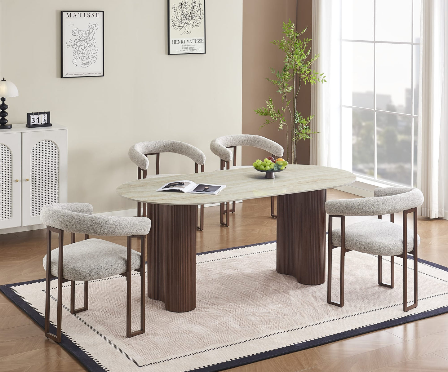 TABLE A MANGER VENEZIA PIED METAL EFFET NOYER PLATEAU CERAMIQUE TRAVERTIN BRILLANT 180x90x75cm