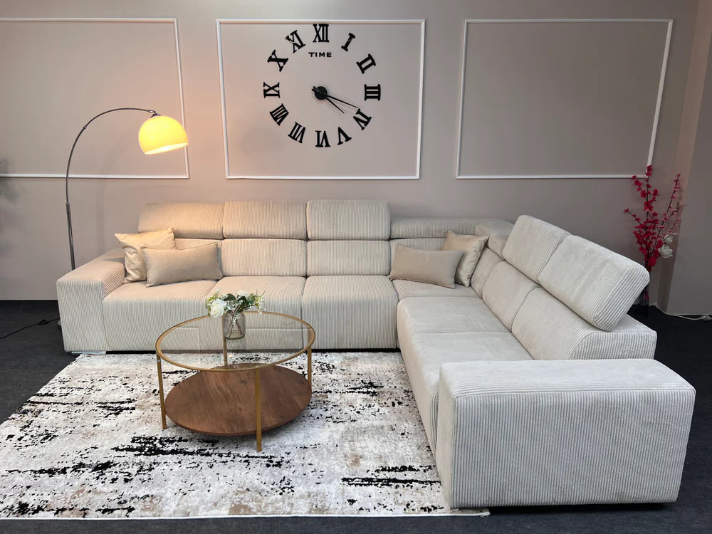 Canapé d'angle Evita 6 places en Velours Beige Côtelé