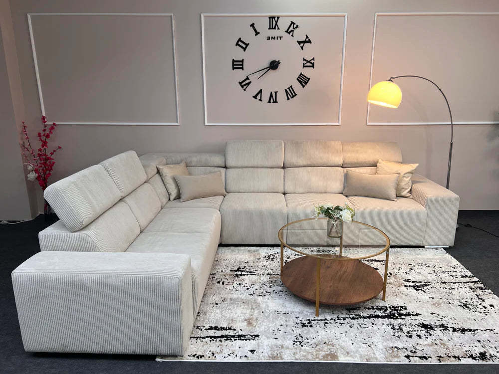 Canapé d'angle Evita 6 places en Velours Beige Côtelé