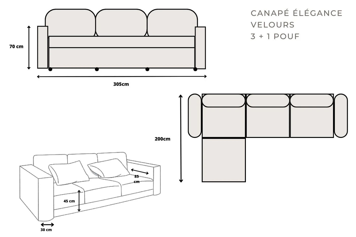Canapé modulable Élégance 3+1 en Velours beige
