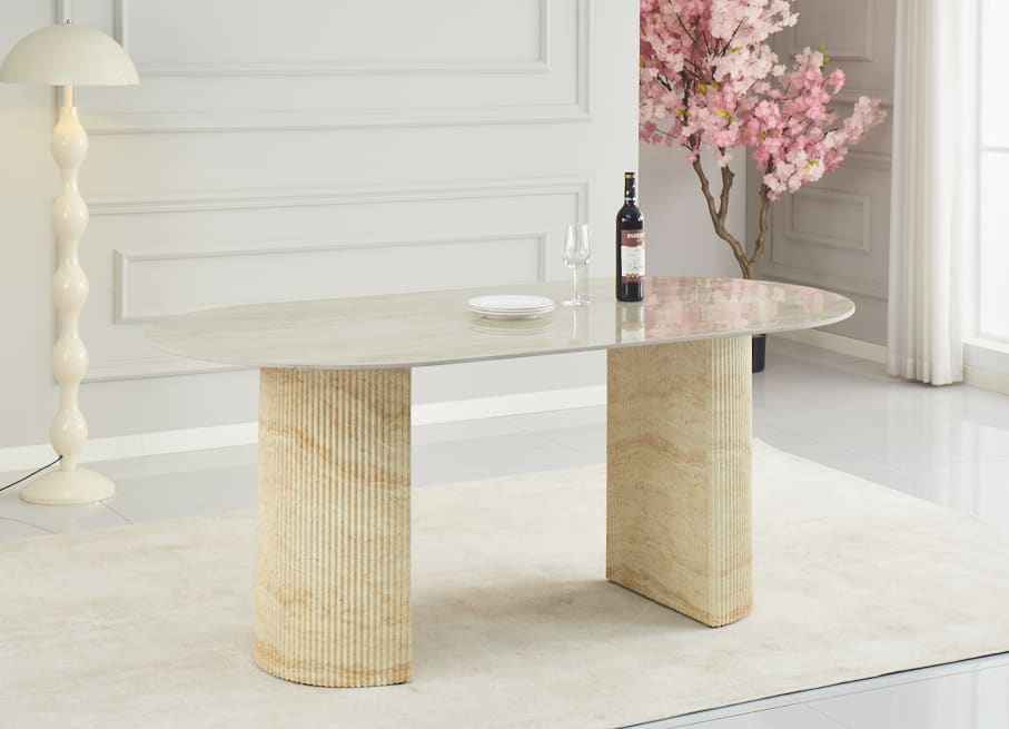 TABLE A MANGER ANNA PIED METAL EFFET TRAVERTIN PLATEAU CERAMIQUE TRAVERTIN BRILLANT 180x90x75cm