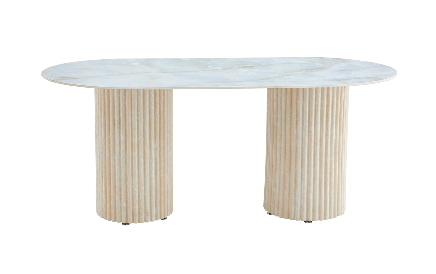 Table à manger « Keysha » pieds colonnes effet travertin plateau céramique moka 180x90 cm