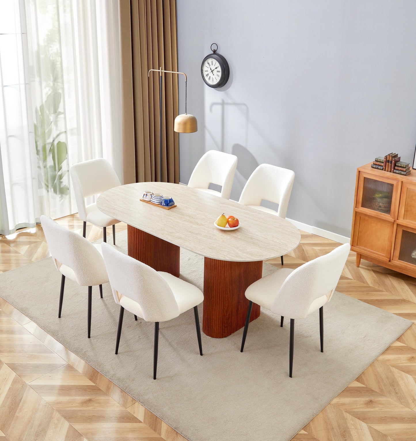 Table à manger « Roxy » beige en céramique mat pieds noisette effet travertin