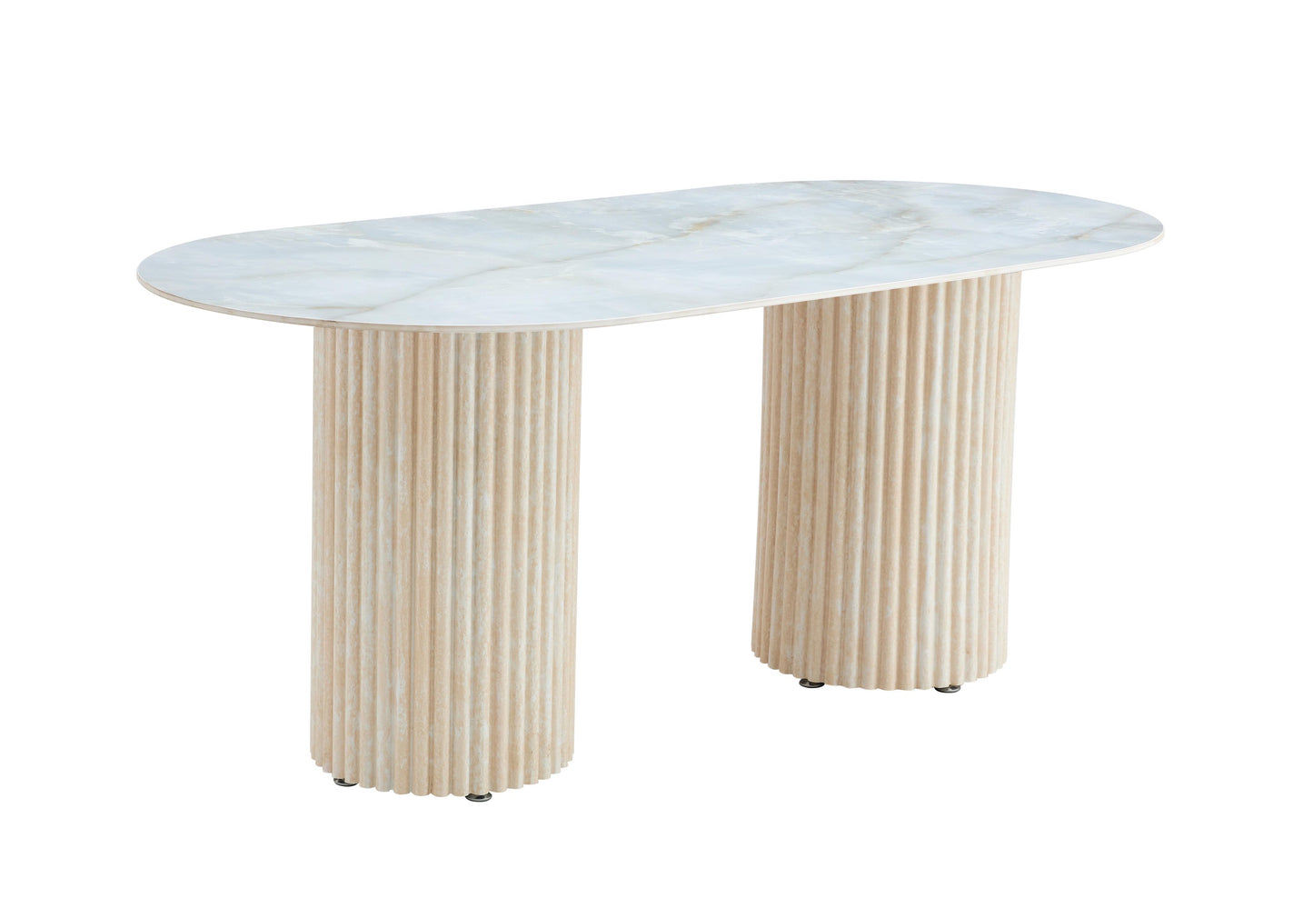Table à manger « Keysha » pieds colonnes effet travertin plateau céramique moka 180x90 cm