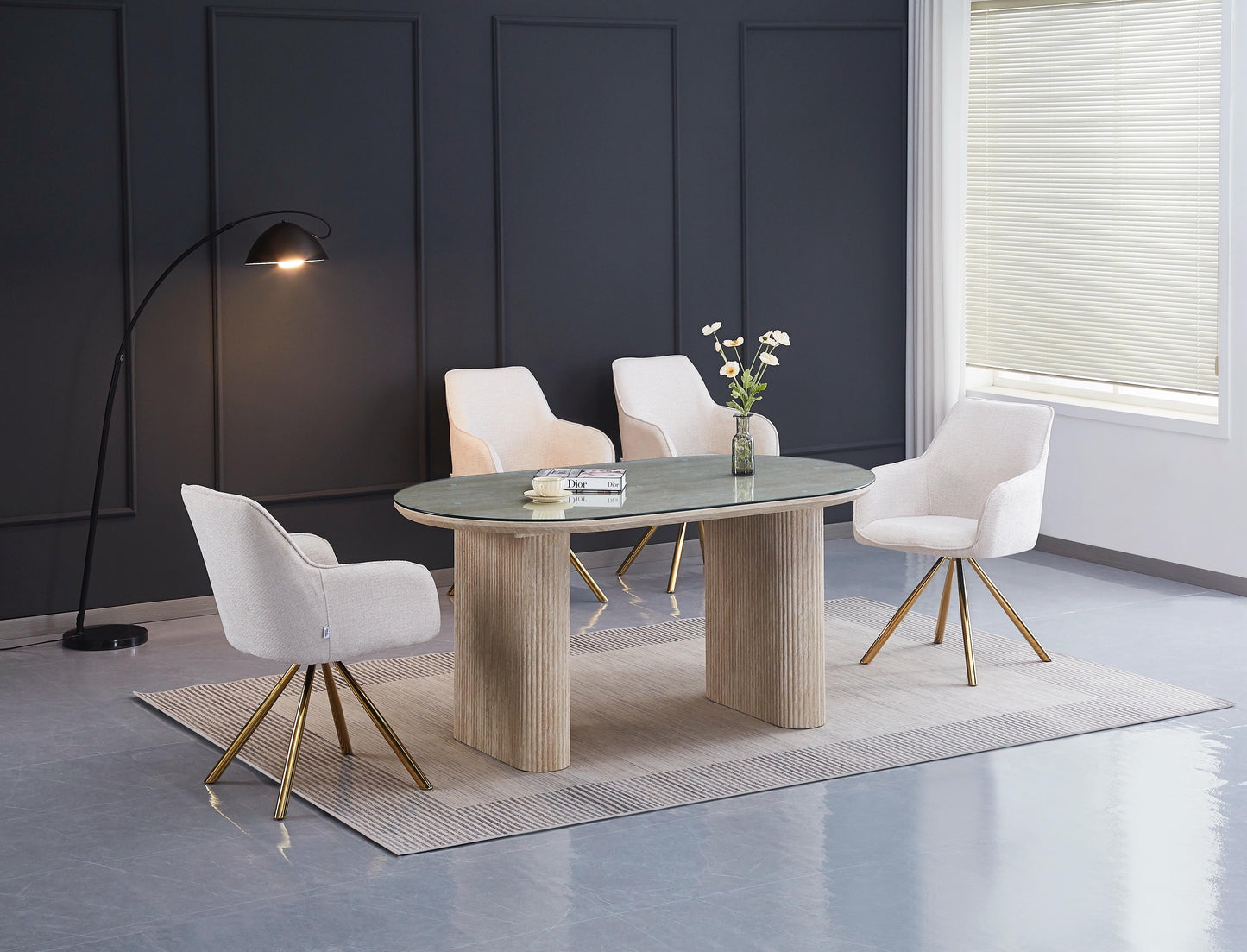 Table à manger « Roxy » effet travertin plateau transparent 160x90x75 cm