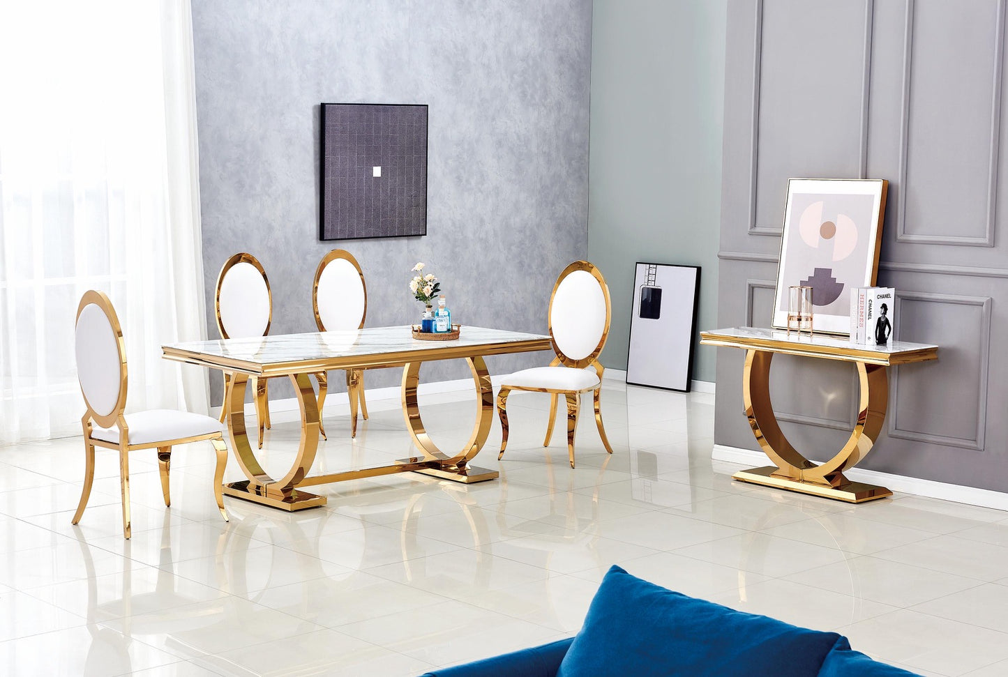 Table à manger « Omega Gold » Marbre Blanc 180x90 cm