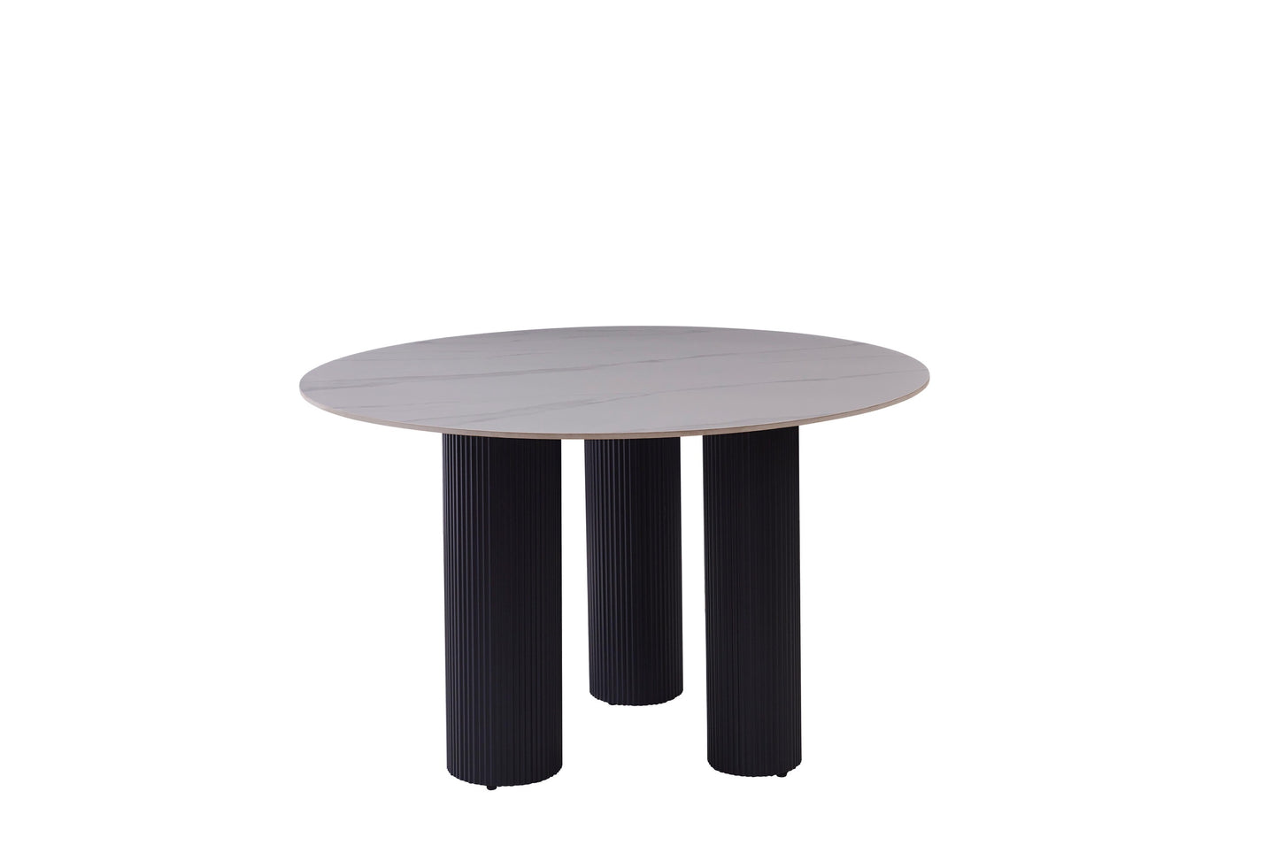 Table à manger « Anaîs » 3 pieds effet travertin plateau céramique marbre blanc 120 cm