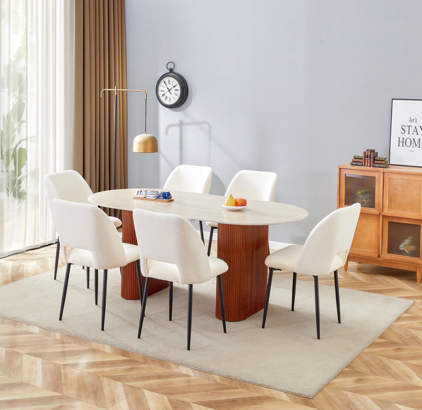 Table à manger « Roxy » beige en céramique mat pieds noisette effet travertin