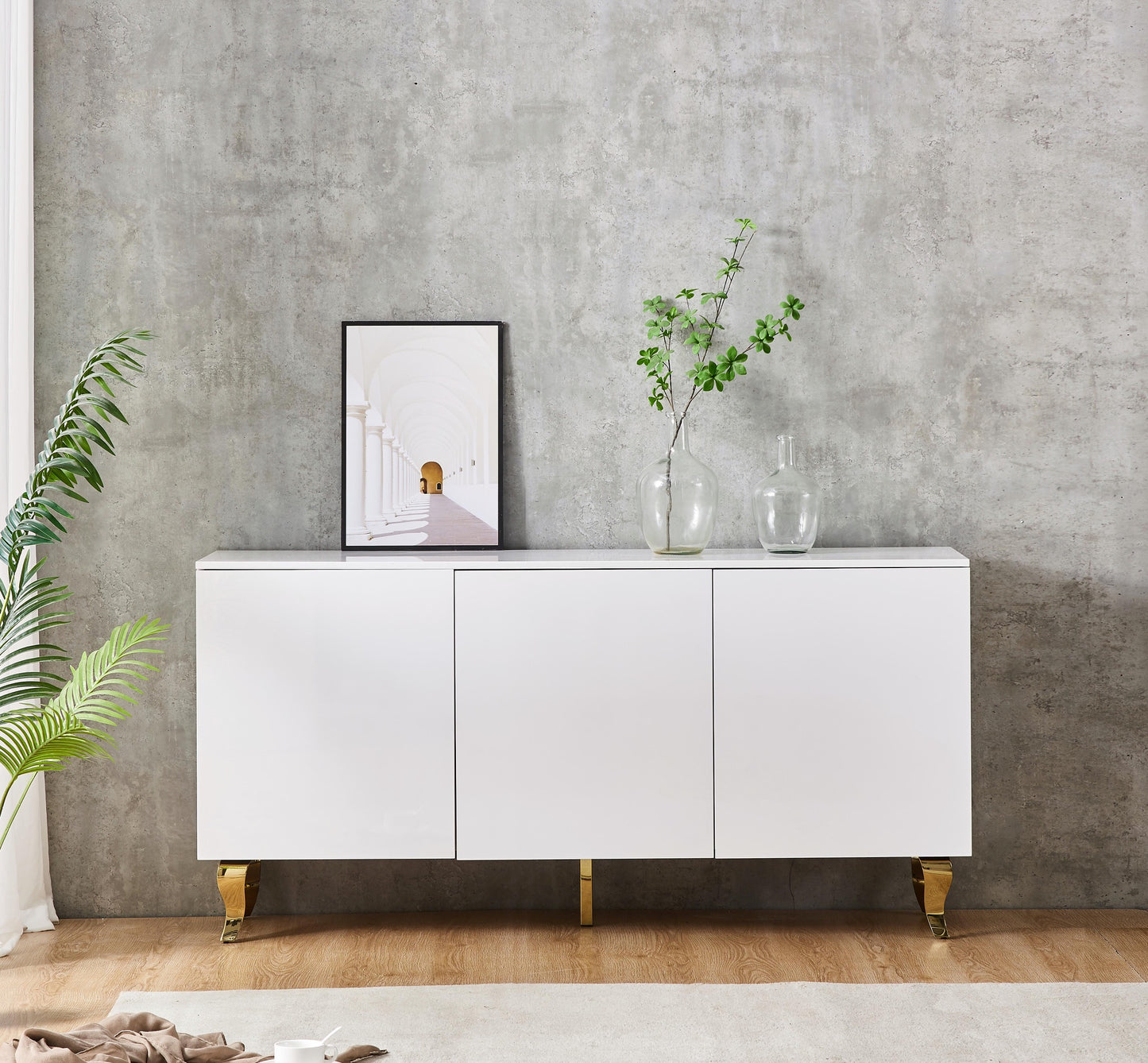Buffet Baroque Laque Blanc 3 Portes Pied Gold 160x40x80 cm