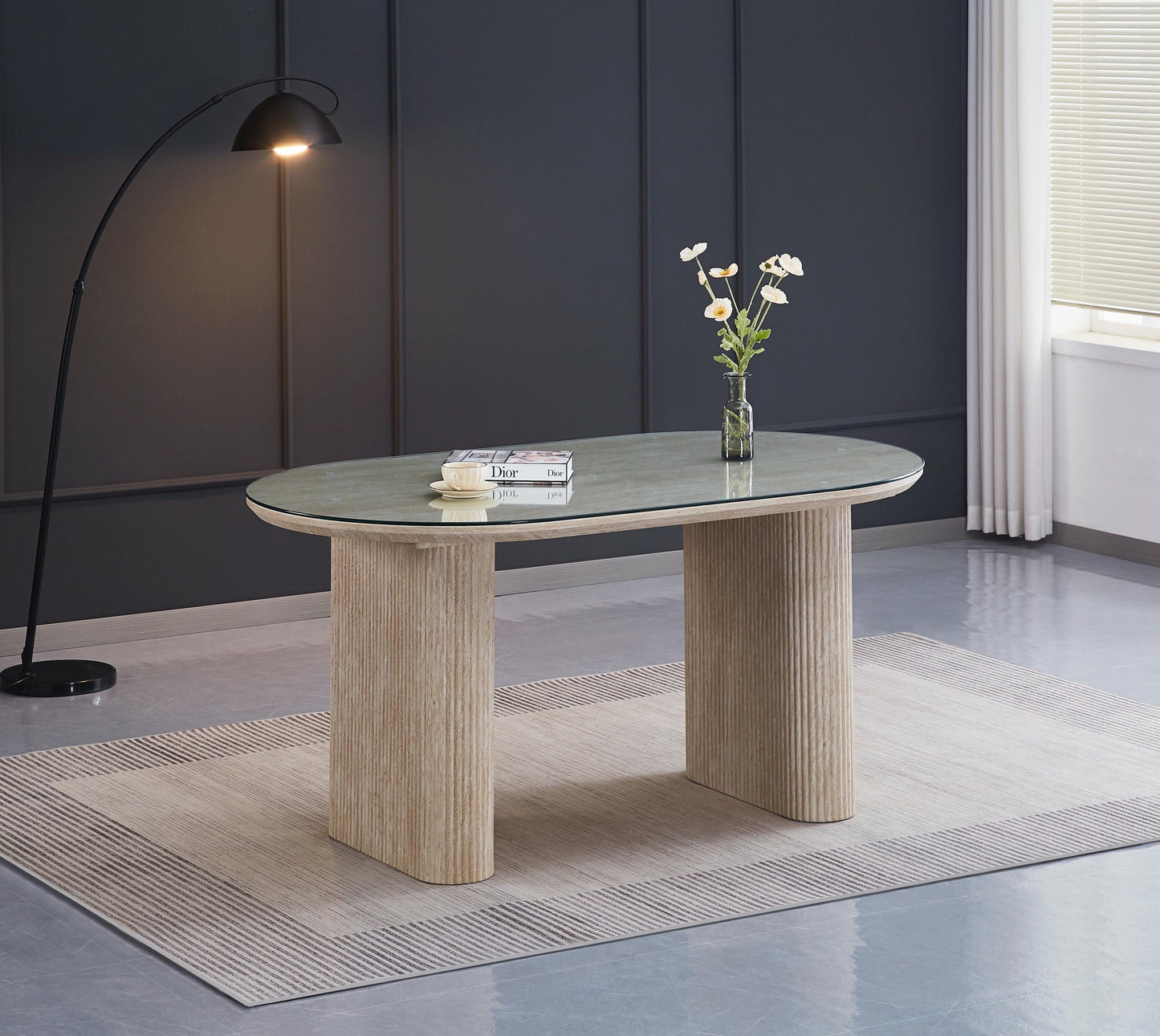 Table à manger « Roxy » effet travertin plateau transparent 160x90x75 cm