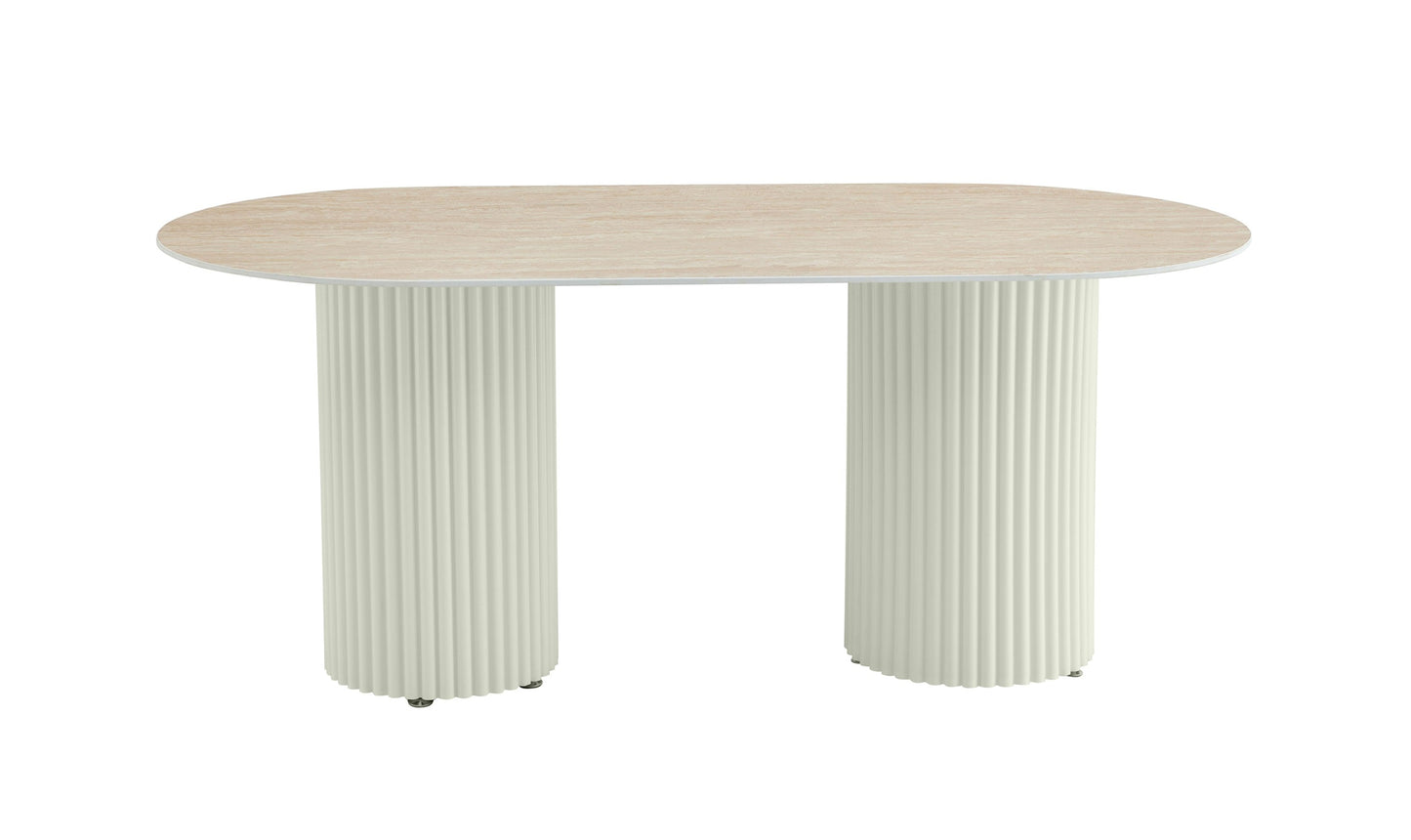 Table à manger « Keysha » beige pieds colonnes effet travertin plateau céramique mat 180x90 cm