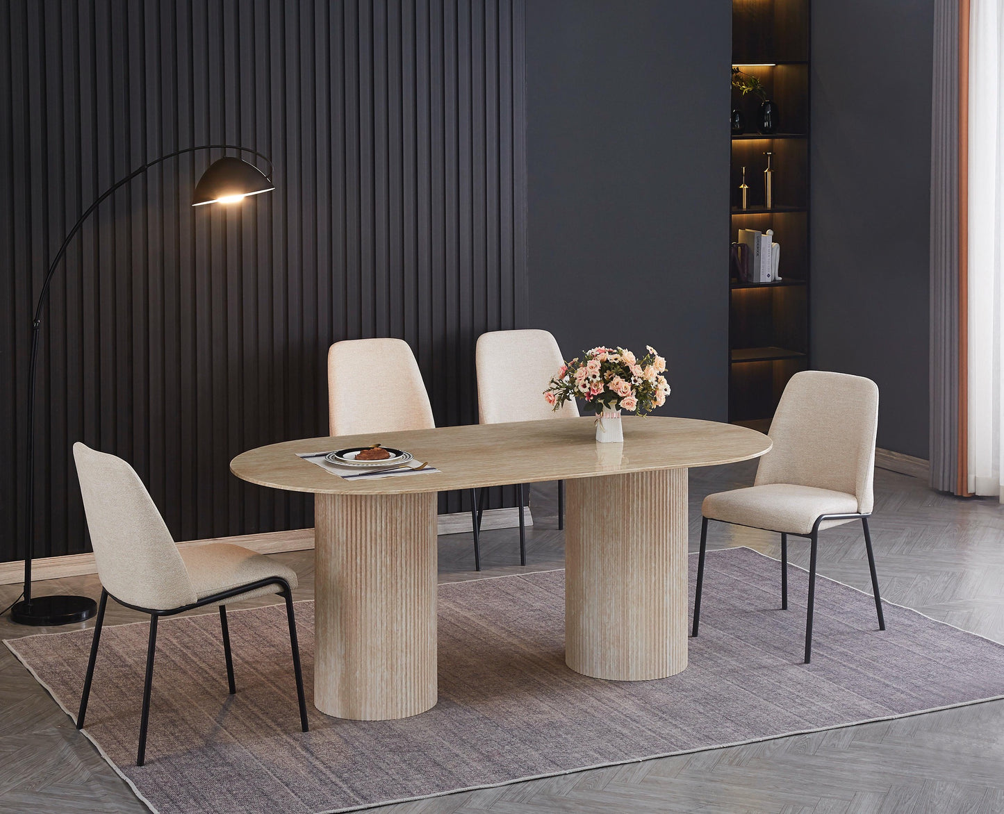 Table à manger « Coco » pieds colonnes effet travertin plateau céramique travertin 180x90x75 cm