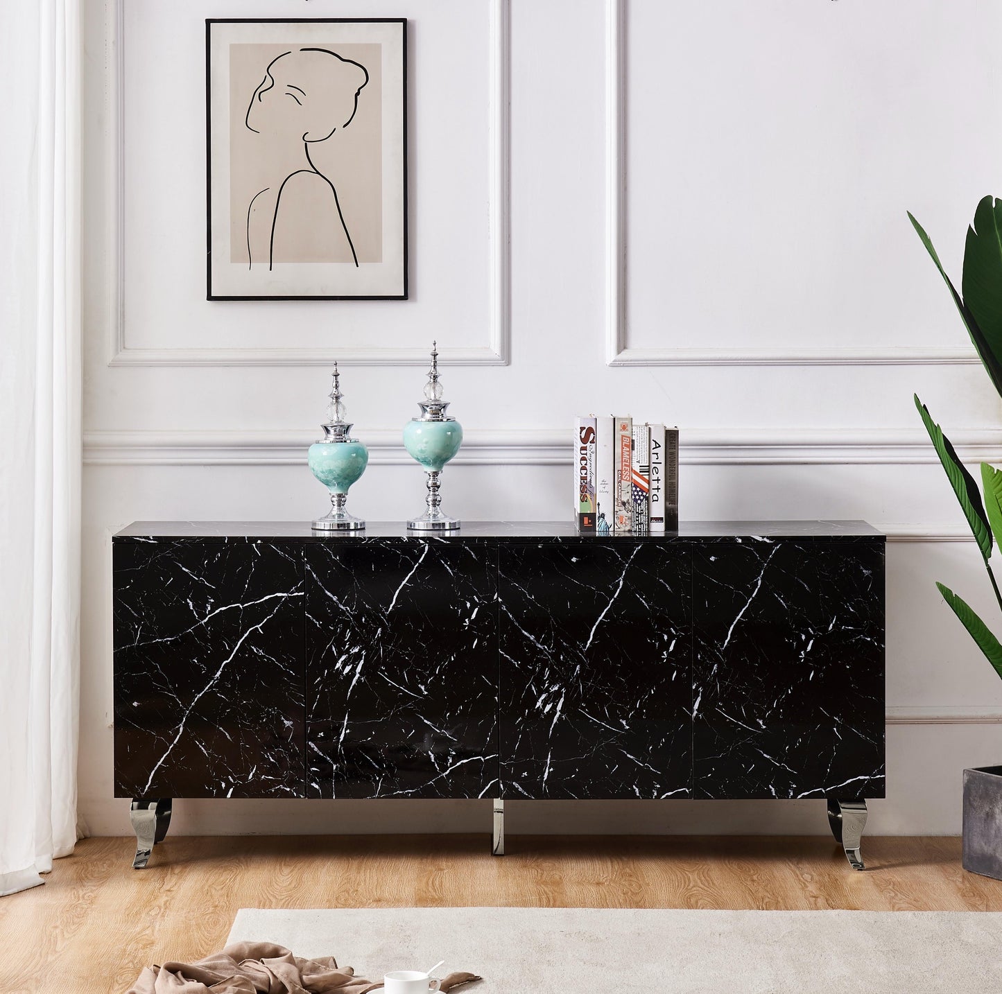 Buffet Baroque Laque Marbre Noir 4 Portes Pied Chrome 180x40x80 cm