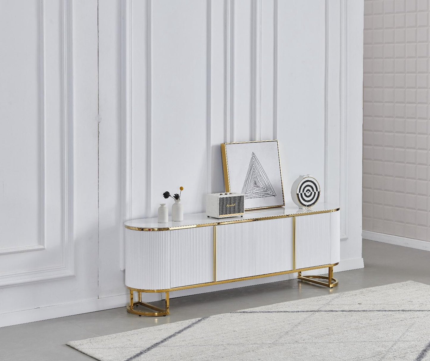 Meuble TV « Esmée» Blanc Doré Céramique Marbre Blanc Gris 180x40x60 cm