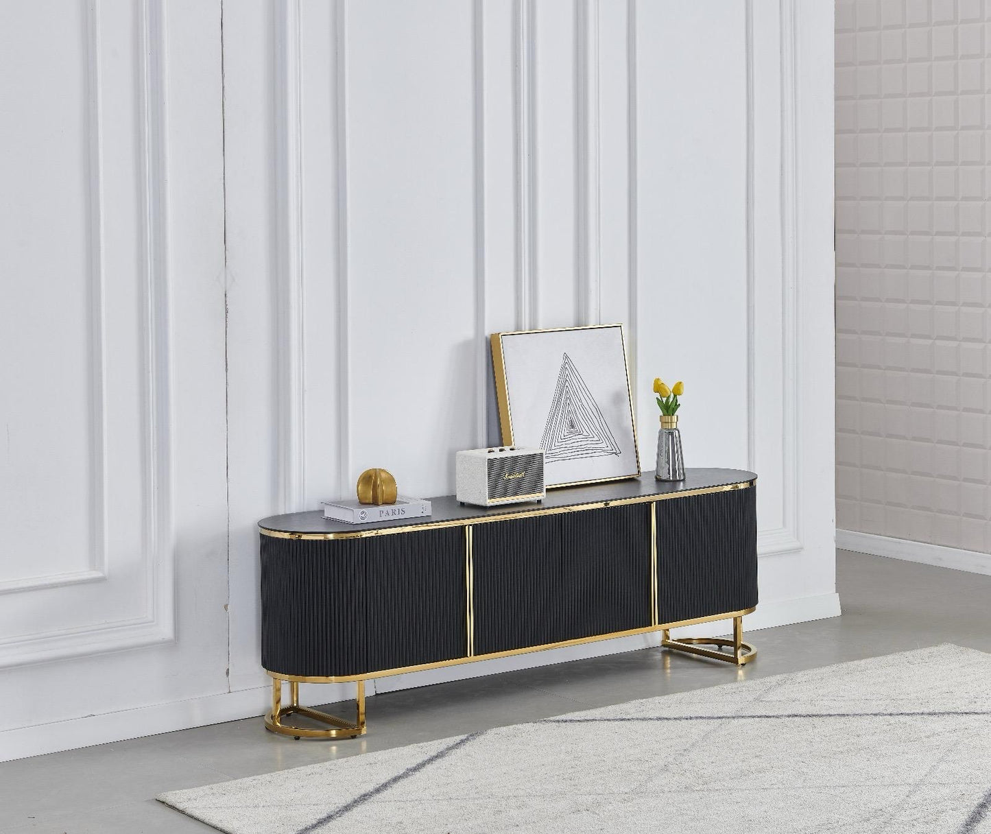 Meuble TV « Esmée» Noir Doré Céramique 180x40x60 cm