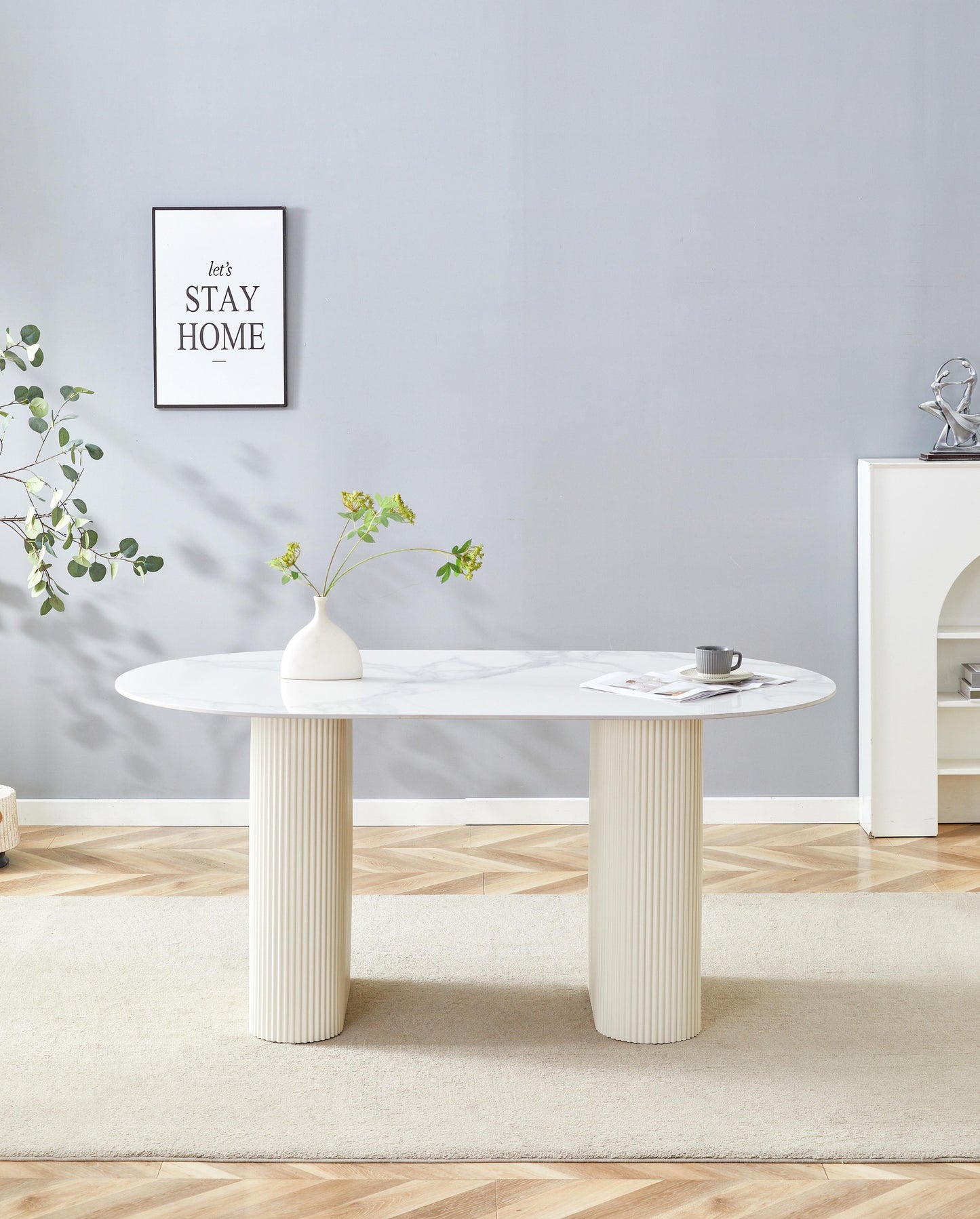 Table à manger « Rox » en céramique marbre blanc pieds blancs effet travertin