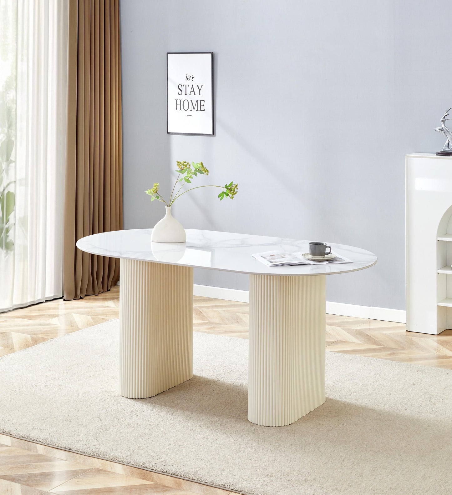 Table à manger « Rox » en céramique marbre blanc pieds blancs effet travertin