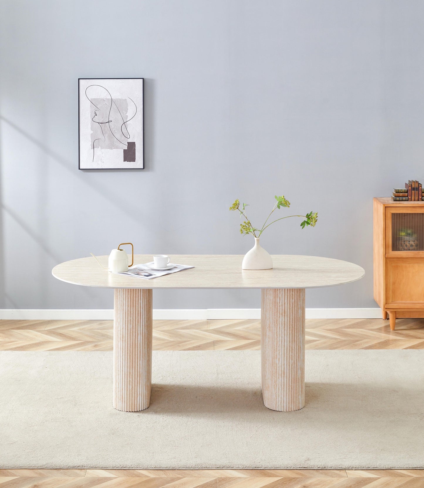 Table à manger « Rox » céramique travertin mat pieds effet travertin