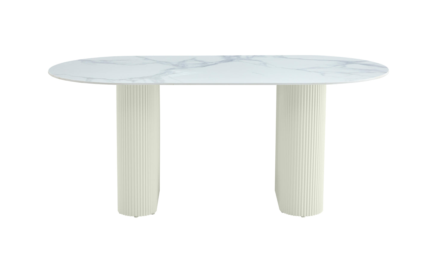 Table à manger « Rox » en céramique marbre blanc pieds blancs effet travertin
