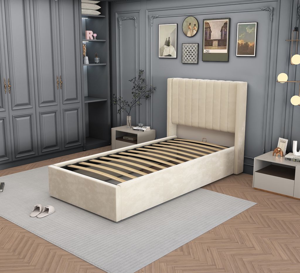 Lit Coffre Camille Beige Velours 90x190