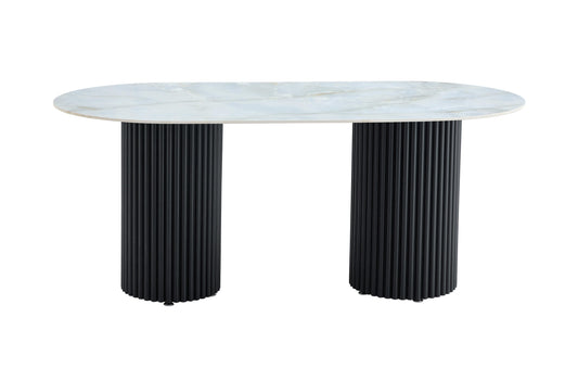 Table à manger « Keysha » pieds colonnes noir effet travertin plateau moka 180x90 cm