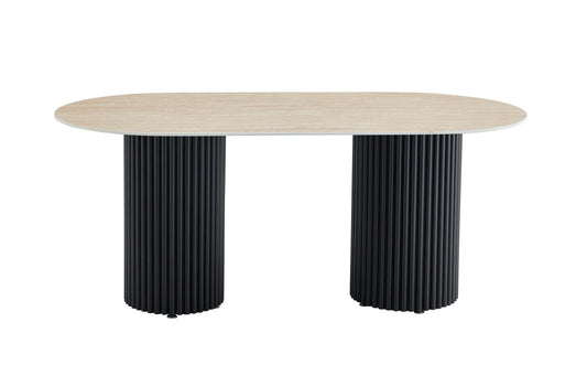 Table à manger « Keysha » pieds colonnes noir effet travertin plateau céramique mat 180x90 cm