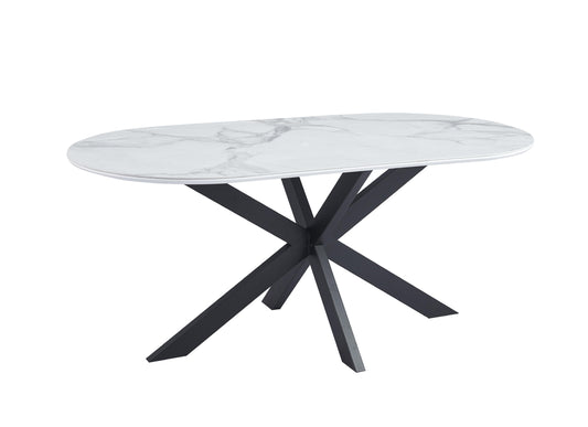 Table à manger « Manon» en céramique marbre blanc 180x90 cm - pieds métal noir