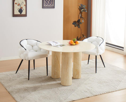 Table à manger « Anaîs » 3 pieds effet travertin plateau céramique beige 120 cm