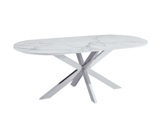 Table à manger « Manon» en céramique marbre blanc 200x100 cm - pieds chrome