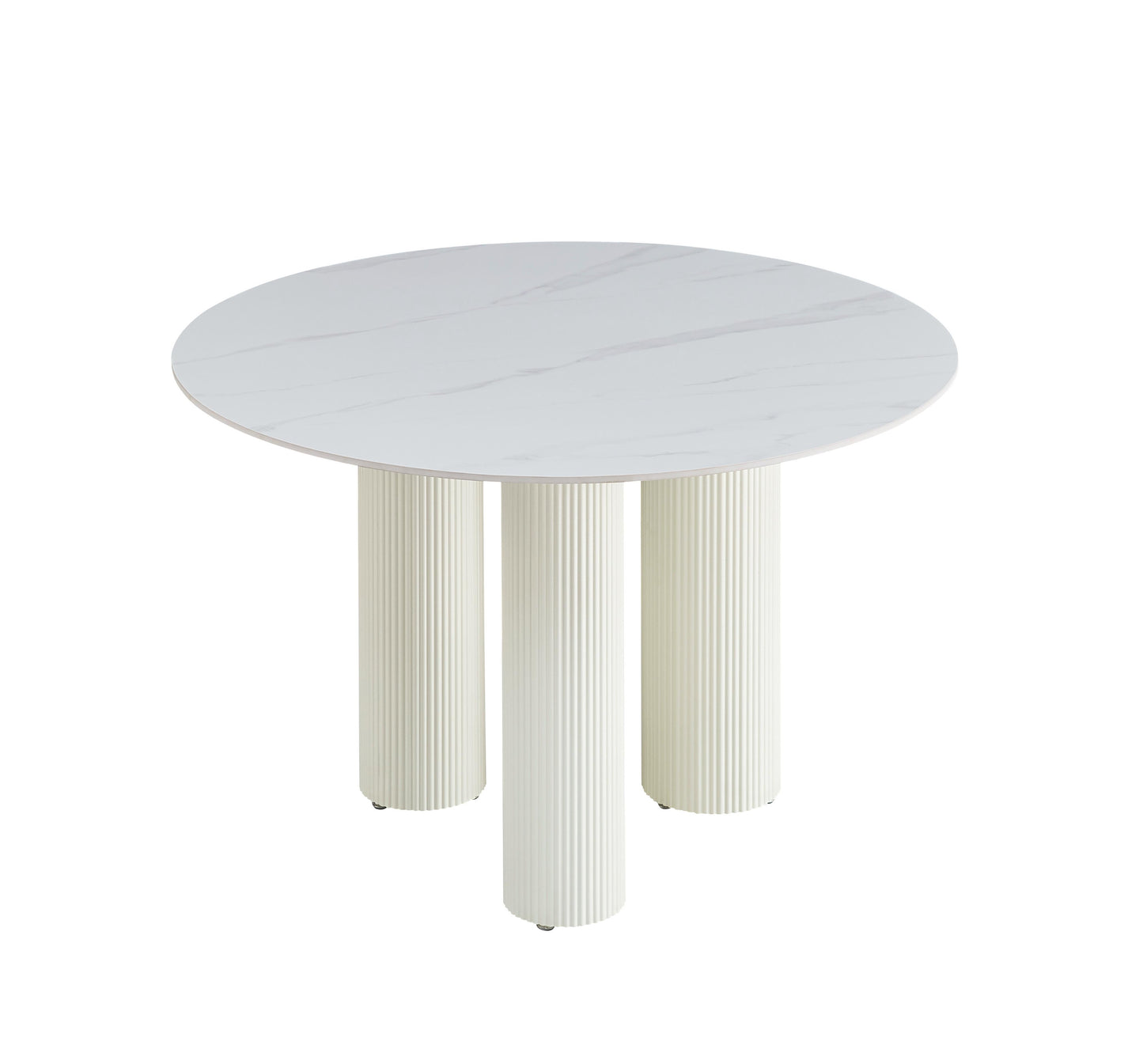 Table à manger « Anaîs » 3 pieds effet travertin plateau céramique marbre blanc 120 cm