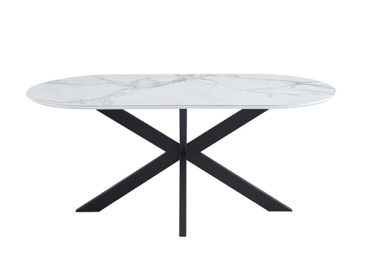 Table à manger « Manon» en céramique marbre blanc 180x90 cm - pieds métal noir
